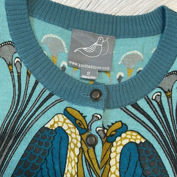 Knitted Dove Birds of a Feather Print Blue Button Cardigan Sweater Wool Blend S - Picture 8 of 12